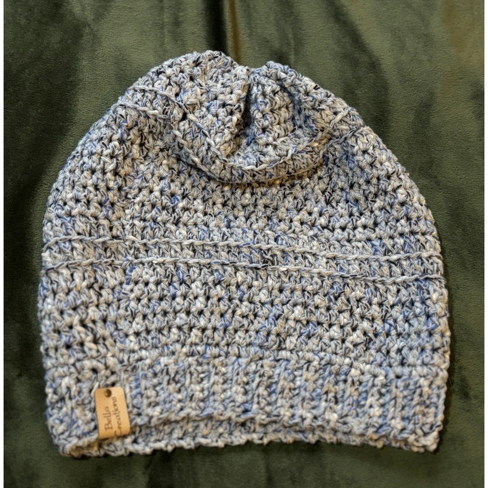 Handmade Crocheted Knit Slouchy Beanie Blue/Green Adult Sz‎ Logo Bella Creations
